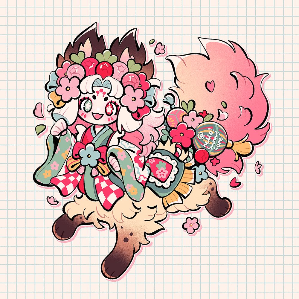pastel toned illustration of a cute fantasy character with the upper body of a fox eared child, and the lower body of a colorful four-legged creature. she wears a kimono, and she's covered in large flowers and other accessories.

the character belongs to BSKY user "roccoco-co"!