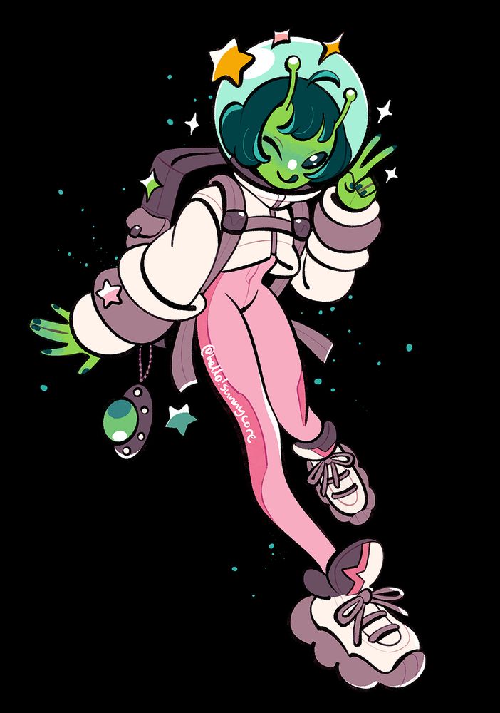 illustration of a green skinned alien girl with antennas. she's wearing a cropped astronaut's jacket (with a fish bowl helmet) over a pink bodysuit, and sporting huge sneakers. on her back is a large backpack, and a UFO charm dangles from it. her hair is a dark green bob, and she's posing cutely in space, winking and throwing a peace sign at the viewer.