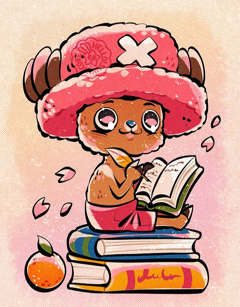illustration of Tony Tony Chopper from One Piece. he's a small cute reindeer creature. he's sitting on top of a pile of books, seemingly pondering something he's writing in a journal. there's a tangerine next to him, and cherry petals fall in the background.
