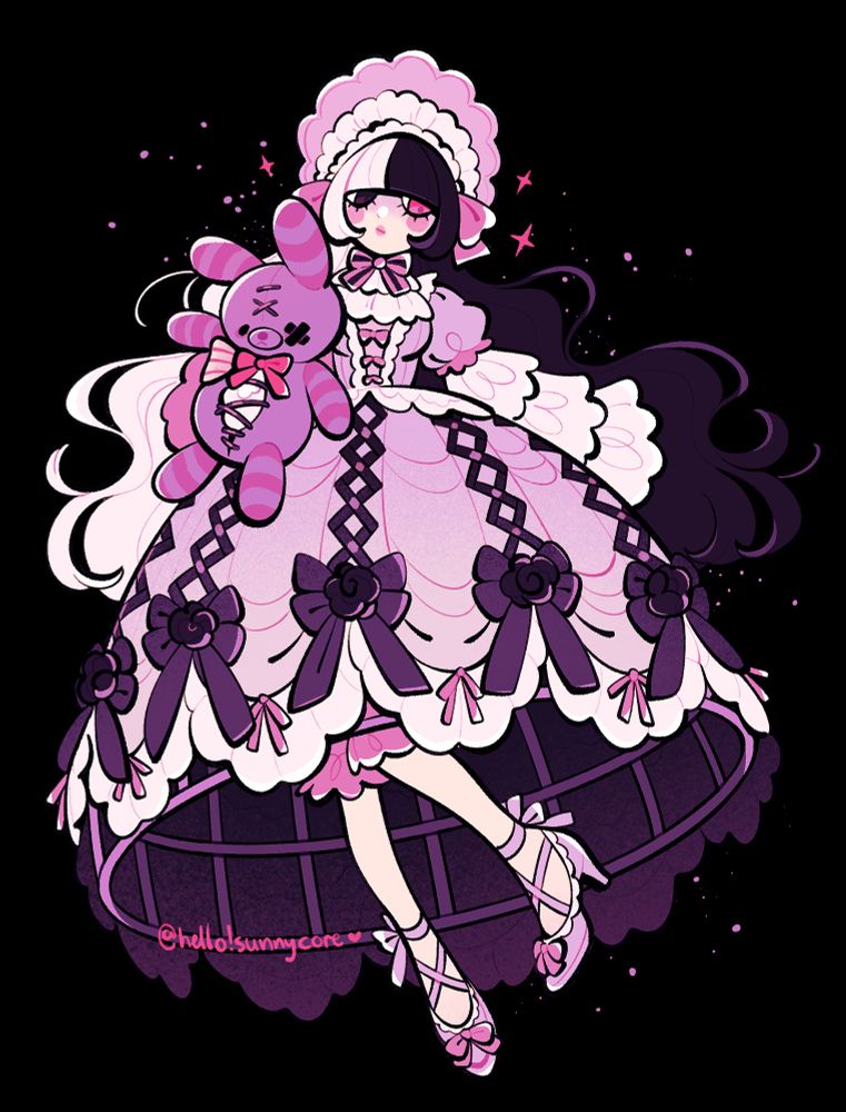 illustration of a young woman, dressed in an elaborate pale lilac and black lolita dress. she's holding a plush bunny that is falling apart at the seams, and appears to be floating against a night sky, with her white and black hair flowing around her.