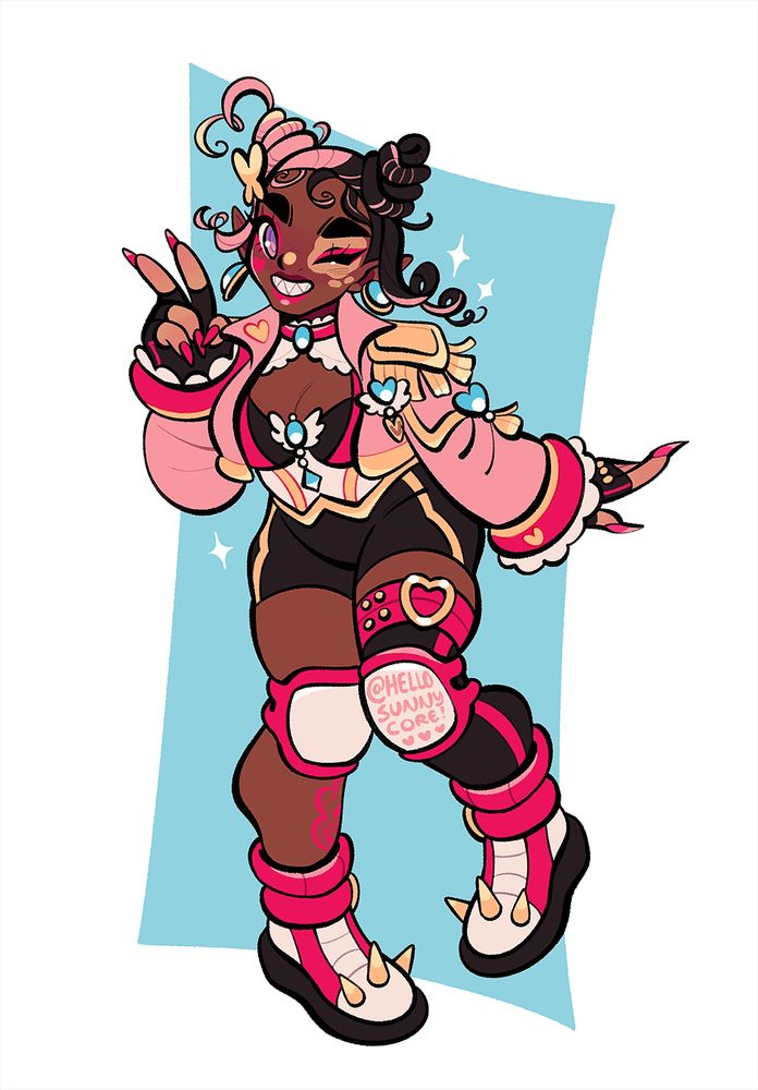 cartoony illustration of a character dressed in a black and pink magical girl outfit, with golden spikes and blue gems. a butterfly clip decorates his pink and black hair, and his cheerful smile reveals sharp teeth. he's winking and holding up a peace sign!