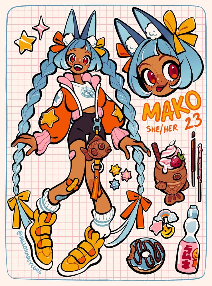 illustration of a cheerful catgirl with long braids, surrounded by colorful stickers and sweet treats