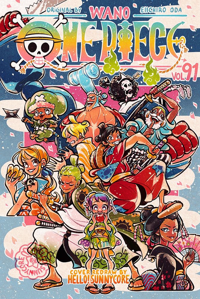 redraw of the One Piece manga volume 91 cover: a colorful illustration featuring the Strawhat members in their Wano outfits, and a smiling Tama in the front.