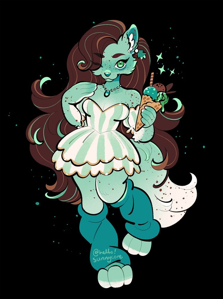 illustration of a mint chocolate themed arctic wolf fursona. her fur is mint toned and covered in brown speckles, and her long brown hair has mint and light brown highlights. she's dressed in a cute dress and leg warmers, and enjoying an elaborate cone of ice cream.