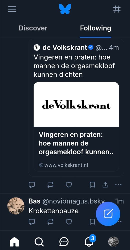 Bluesky screenshot over vingeren, praten en een krokettenpauze. 