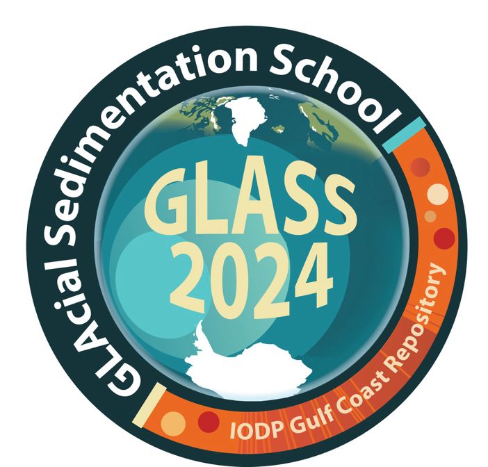 Logo of the Glacial Sediment School, with a globe in the center showing the polar regions and a sediment core on the right
