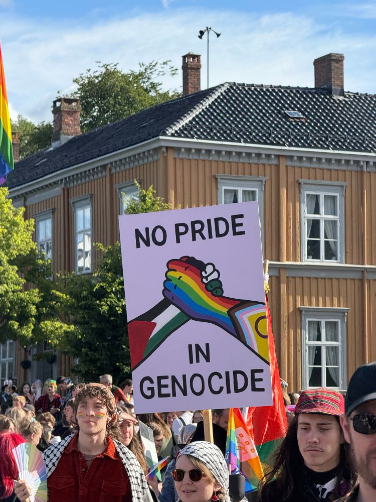 Trondheim Pride parade with a ‘No Pride in Genocide’ banner