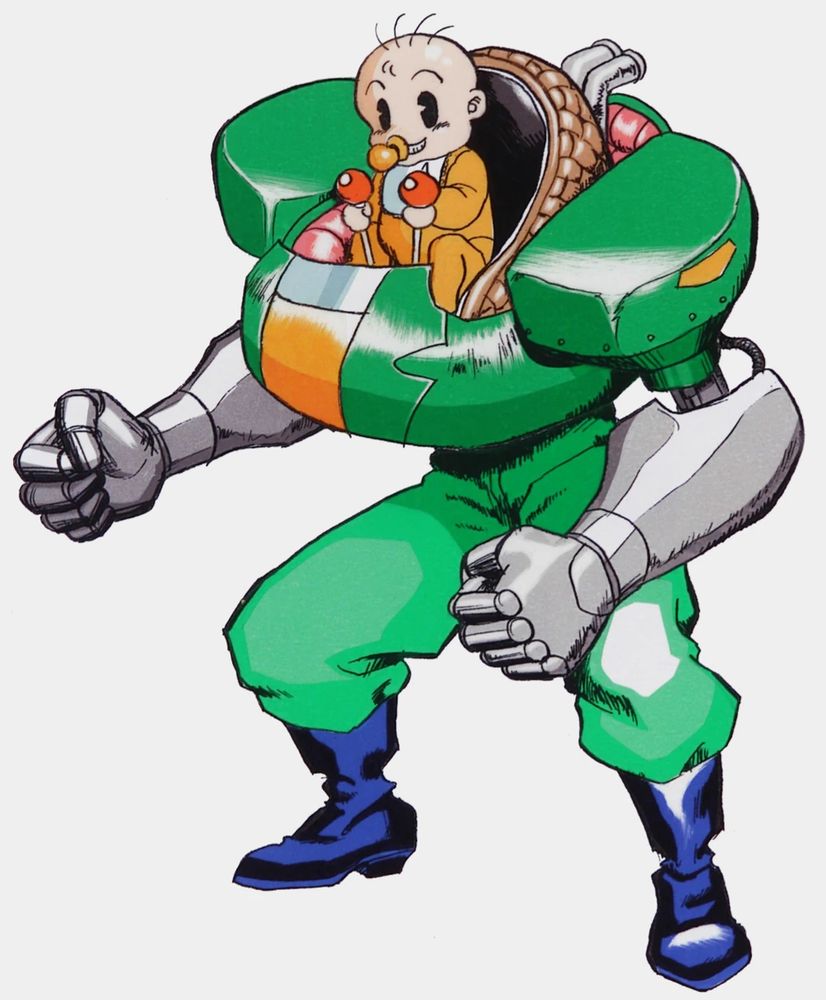 Baby Head, from Captain Commando (Capcom, 1991, arcade), a small baby in an orange onesie, sitting in the pilot's seat of an adult-human-sized fighting robot. it is green, with blue boots and silver arms.
