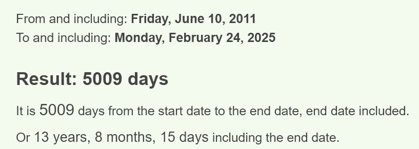 From and including: Friday, June 10, 2011
To and including: Monday, February 24, 2025
Result: 5009 days

It is 5009 days from the start date to the end date, end date included.

Or 13 years, 8 months, 15 days including the end date.