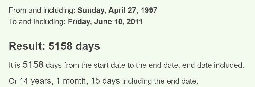 From and including: Sunday, April 27, 1997
To and including: Friday, June 10, 2011
Result: 5158 days

It is 5158 days from the start date to the end date, end date included.

Or 14 years, 1 month, 15 days including the end date.