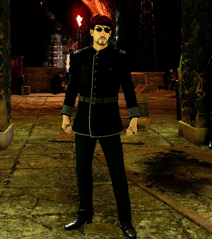Majima, in an all-black naval uniform, red beret, and sunglasses.