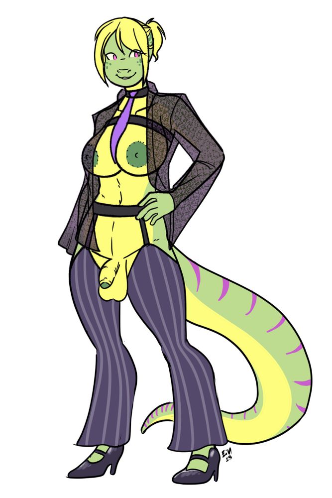 Val in a very revealing business suit with a harness on under a see-through blazer, and a pair of pin stripe chaps. Completely showing off her body