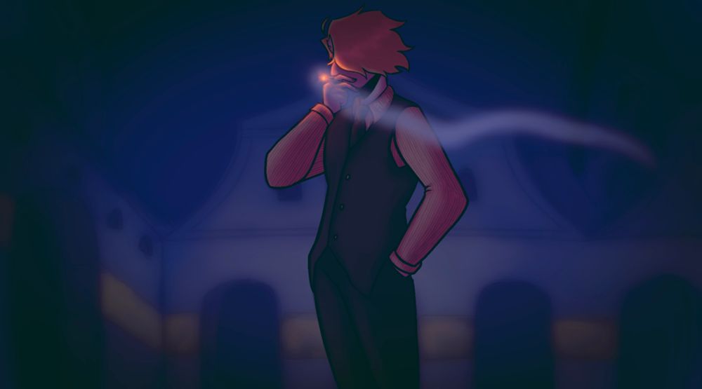 a redraw of a frame of sanji from water 7. he is standing in front of the sea train terminal while smoking, with the light from his cigarette illuminating his face. his hair is swept in front of his face from the wind, and line of smoke is coming from his cigarette and blowing to the right. 