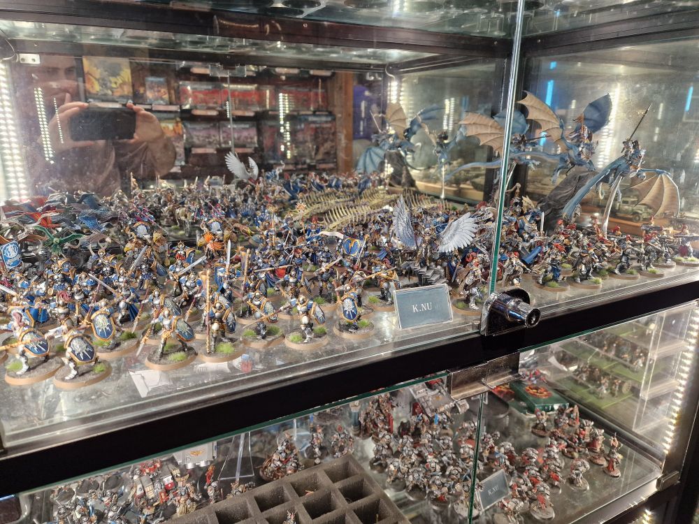 Several armies worth of painted Warhammer figures in a glass case.