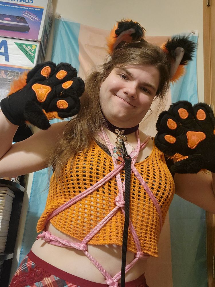 Cute selfie of Jojo with fox ears, paws, leash & collar, and shibari ropes.