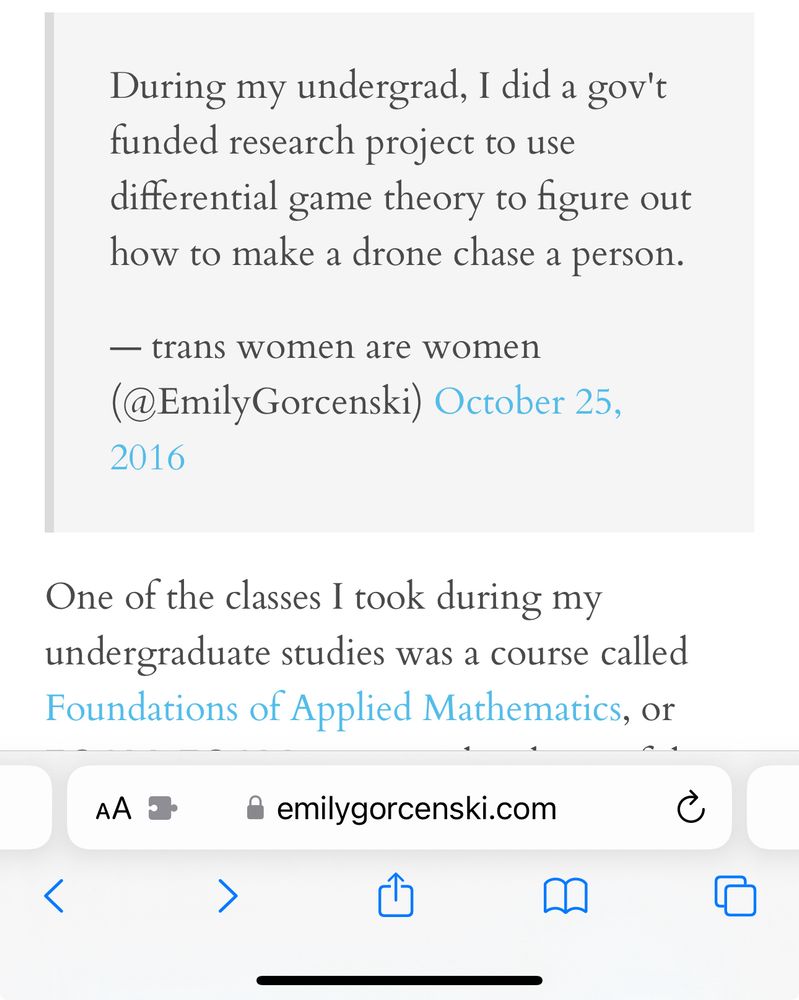 screenshot of emily gorcenski’s personal website, with her talking about doing a government funded research project for figuring out how to make a drone chase a person