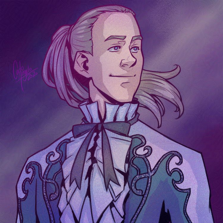 Victor, a pale-haired man with blue eyes and wearing a green and white costume. His hair is pulled back into a high ponytail.
