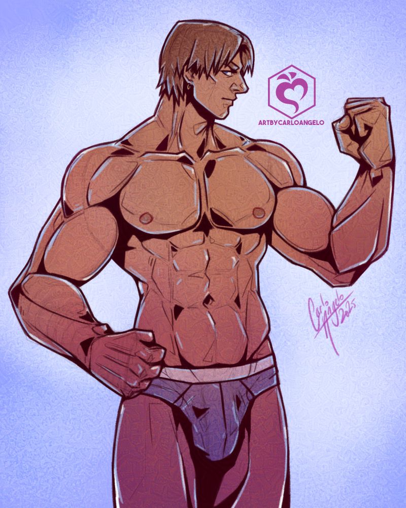 same man as in quote-repost, minus the revealing superhero costume, just in dark grey underwear and nothing else.