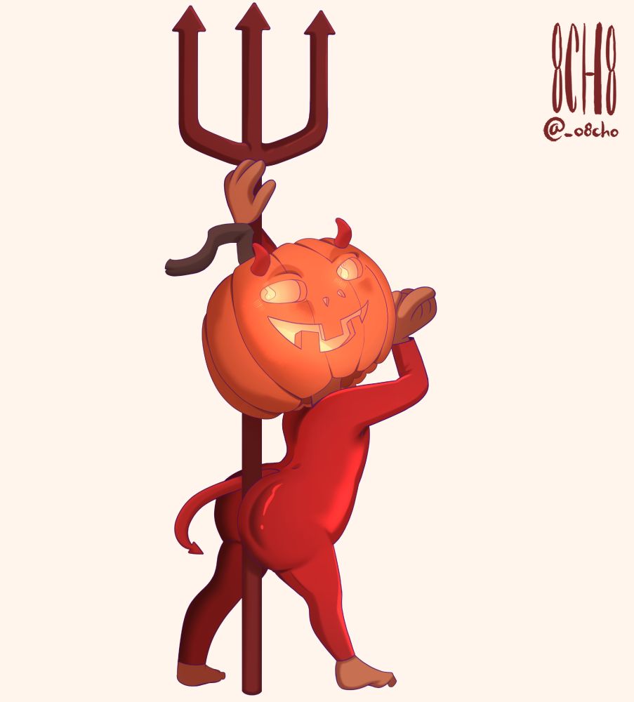 Pumpkin mascot dancing around a pole shaped like a pitchfork.