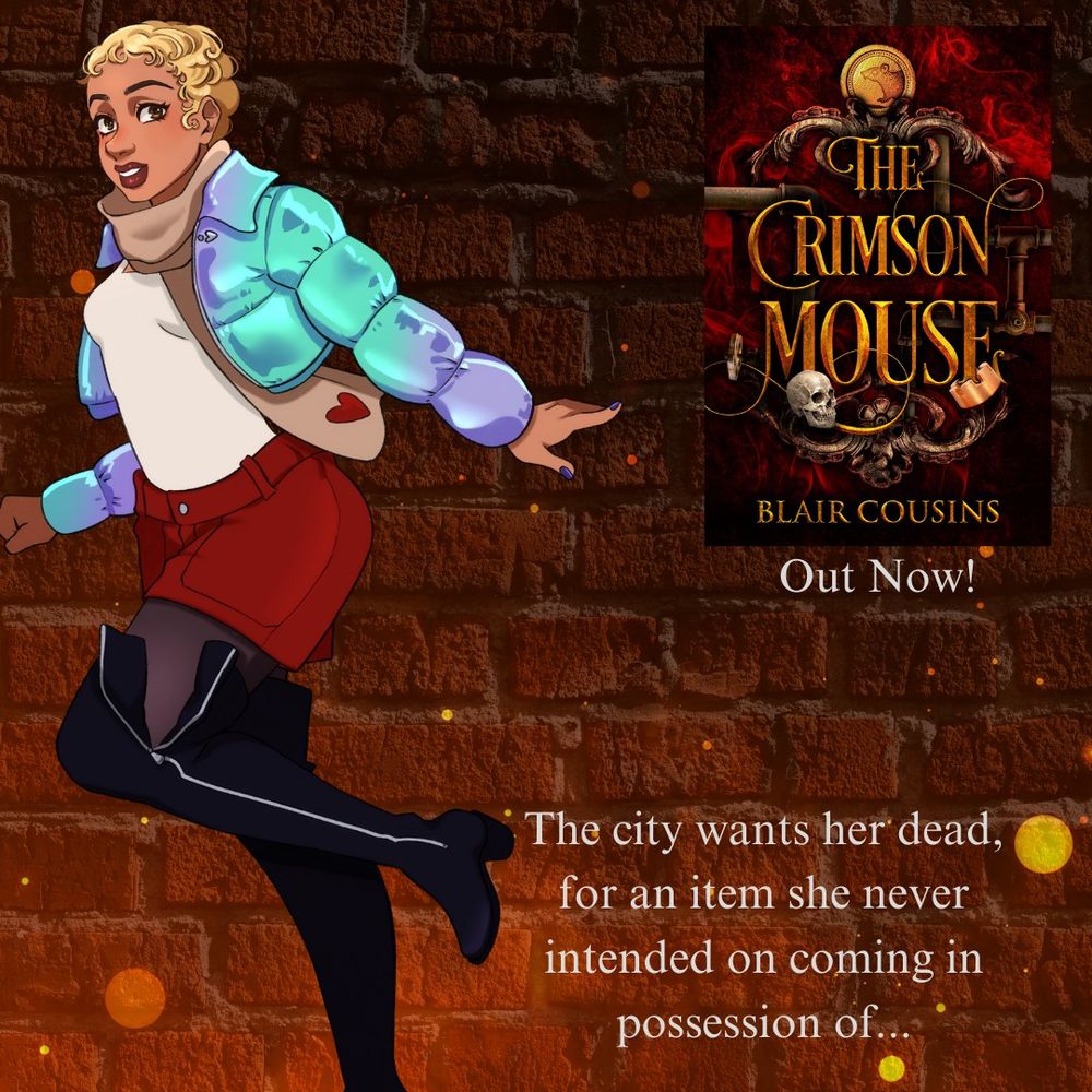 Book promo, featuring the main character running and the cover of the book, The Crimson Mouse.