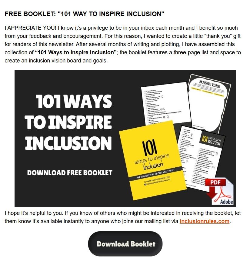A graphic reads 101 Ways to Inspire Inclusion and shows 4 fanned pages of a booklet