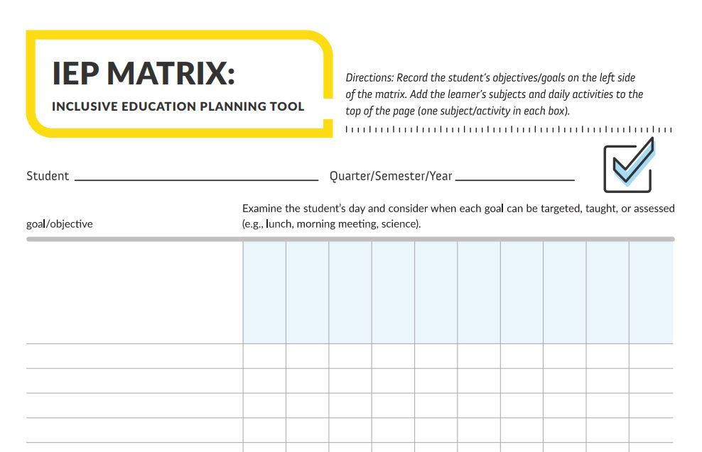 IEP MATRIX: heading says-- Inclusive Education Planning tool and shows a grid with boxes that can be checked where the activities for the person intersect with the listing of their IEP goals