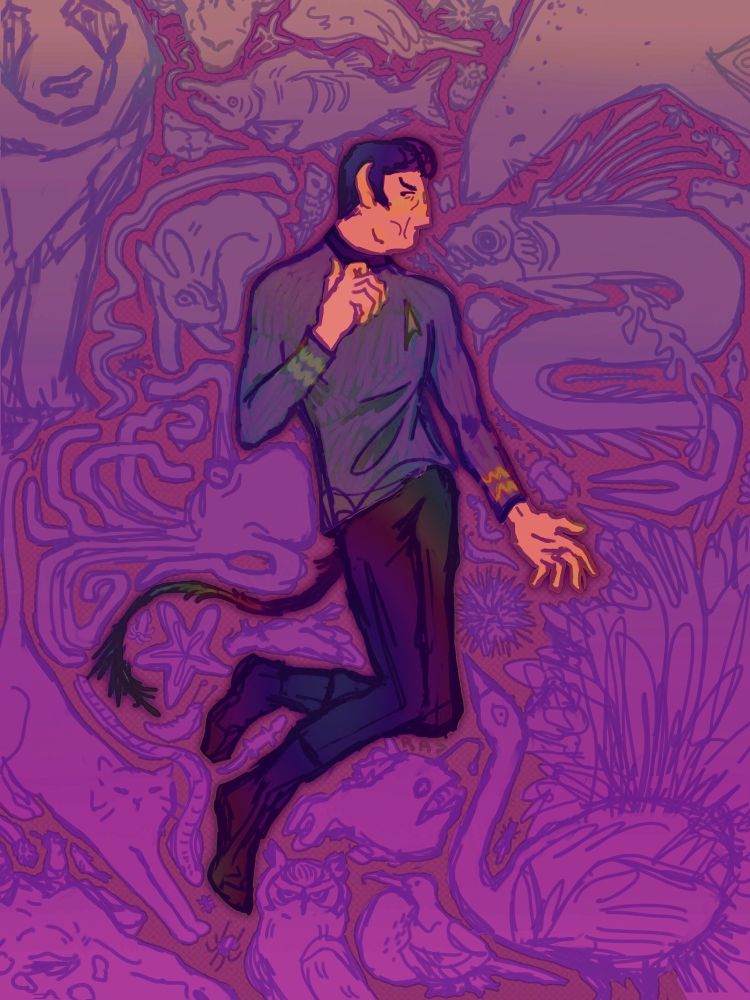 Digital illustration of TOS Spock on a pink background. The background has pink illustrations of various animals and he is posed to fit around them, maybe reminiscent of a pinned insect? He also has a fluffy tail. 