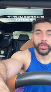 blurry low res tiktok thumbnail which is of a guy wearing a blue singlet and an odd expression in a car with the caption: Matching your accounting career to your personality.