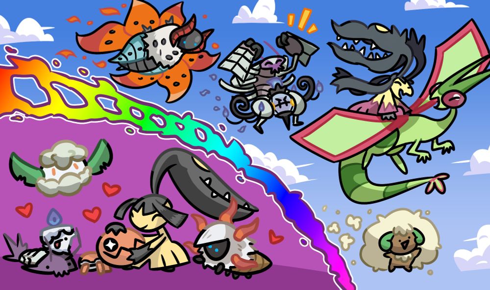 An illustration; the bottom left corner contains a cutout featuring a Mawile, Trapinch, Larvesta, Litwick, Wimpod, and Cottonee hanging out in a blank purple space. Separated by a large rainbow swirl, the rest of the image features the previous pokemon evolved and flying through a blue sky together; Mega Mawile, Flygon, Chandelure, Volcarona, Golisopod, and Whimsicott.