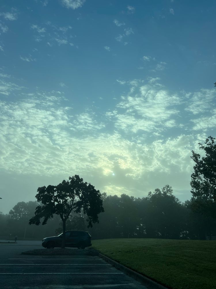 Foggy Tuesday morning with the clouds covering most of the sun.