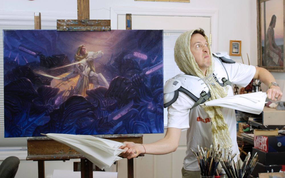 Me with the Sir Vondam painting. I'm dressed in white football pads, golden scarf, and wielding white photo umbrellas.