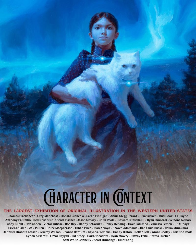 Painting of a girl and her cat standing in a field. The text below reads "Character in Context" and lists the artist in the show.