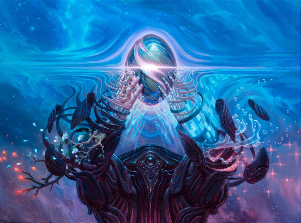 The Endstone, a glowing egg shaped stone is held aloft by a dark humanoid form. The stone is warping space and time, and the entity holding it