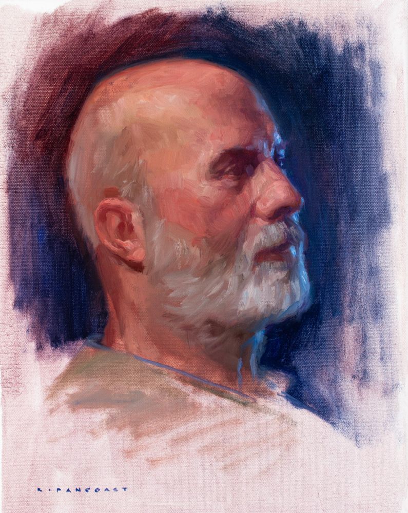 painting of a man with a white beard, in profile. A blue light illuminates the far side of his face.