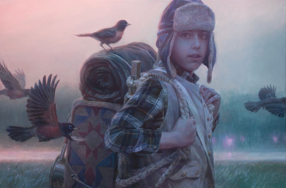 Painting of a boy with robins around him. He carries a pack and looks to be walking near a river (?) or some wooded area at either dusk or dawn