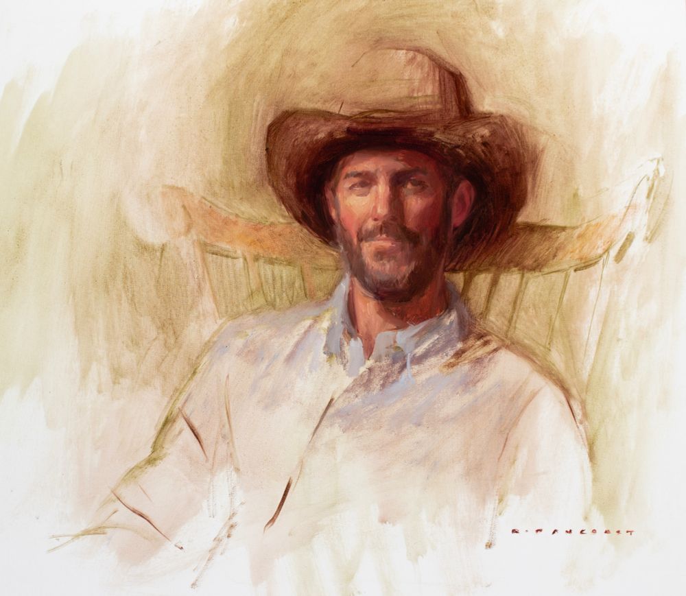 painting of a man with a beard and cowboy hat, sitting in a chair with a slight smile