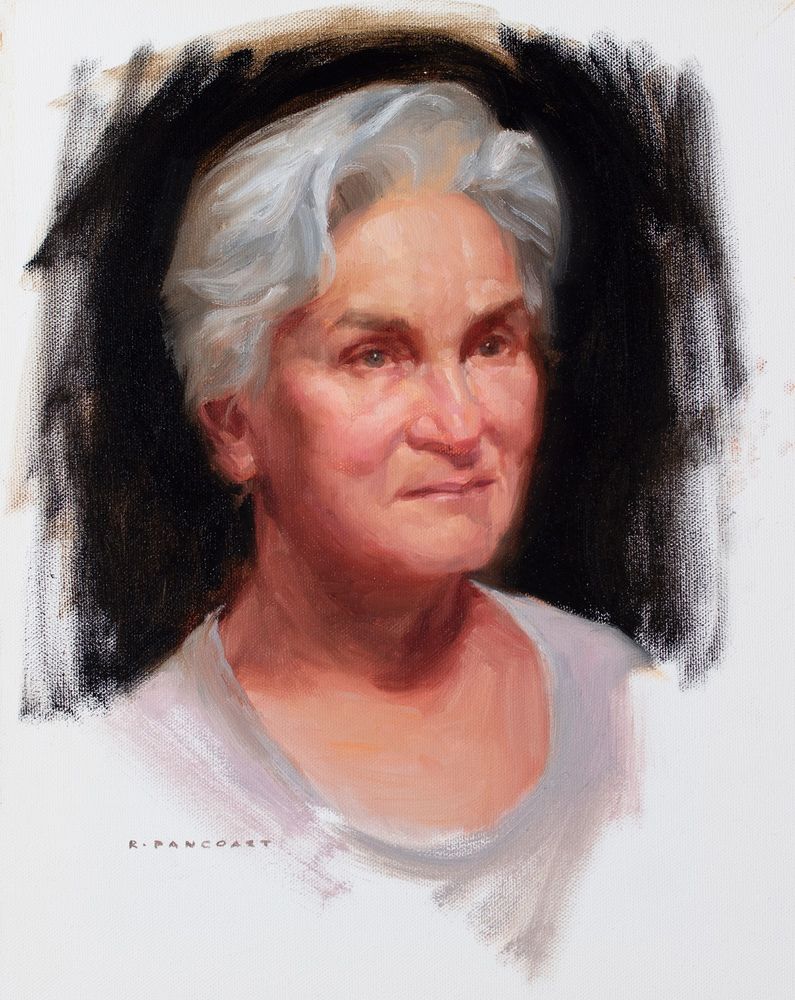 painting of an older woman with white hair and blue eyes, staring intently