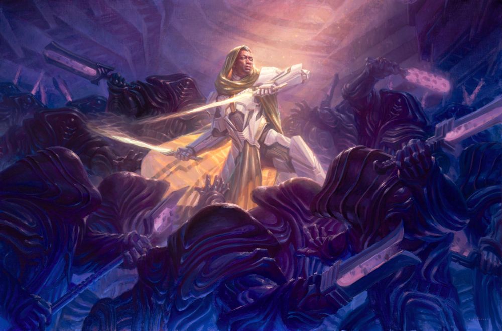 A painting showing Sir Vondam, a knight with white space armor and two glowing swords, fighting against an army of black-clad monoist soldiers. Vondam is lit by a warm light, illuminating him in the midst of the darkness