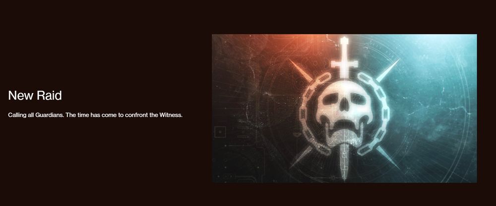 Screenshot of the bungie.net website that teases the raid from The Final Shape.  "New Raid, calling all guardians.  The time has come to confront the Witness.  