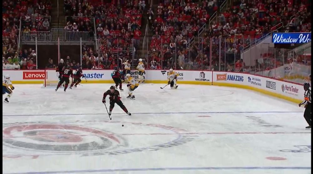 Hall thinks he has a breakaway while every Predator is big mad about a clean hit from Nikishin