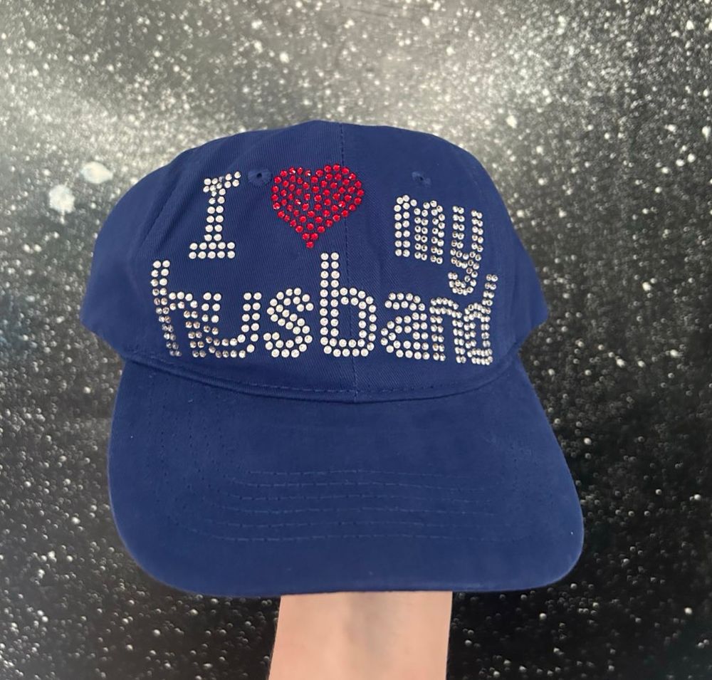 Cap with rhinestone text that says “I ❤️ my husband”