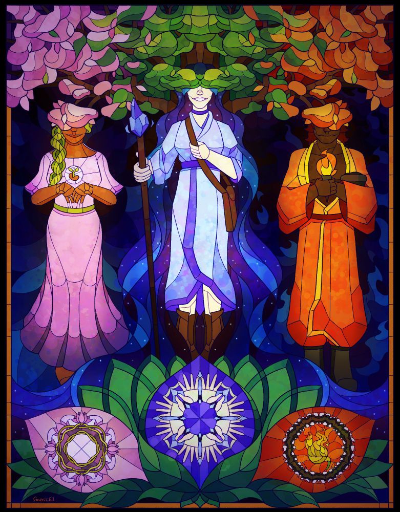 A stained glass commission for pocketwithfrog over on vgen. The commission depicts three figures, partially hidden by a variety of flora.