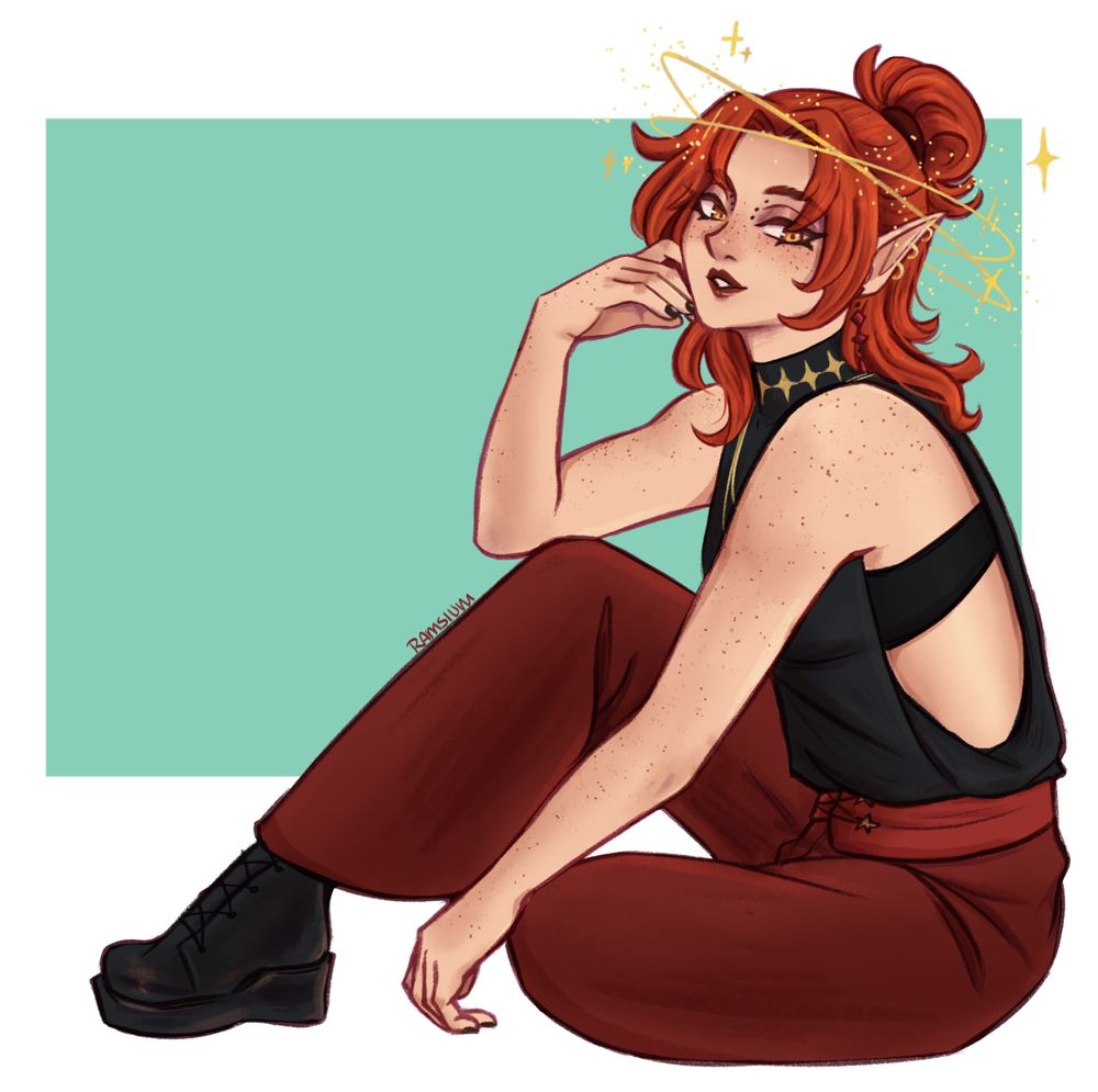 Red head lady with a Saturn like halo and freckles. Golden eyes, fair skin. Wears punk attire, black tank top, wide red pants, and platform boots. She's sitting down with one leg out and the other tucked. 