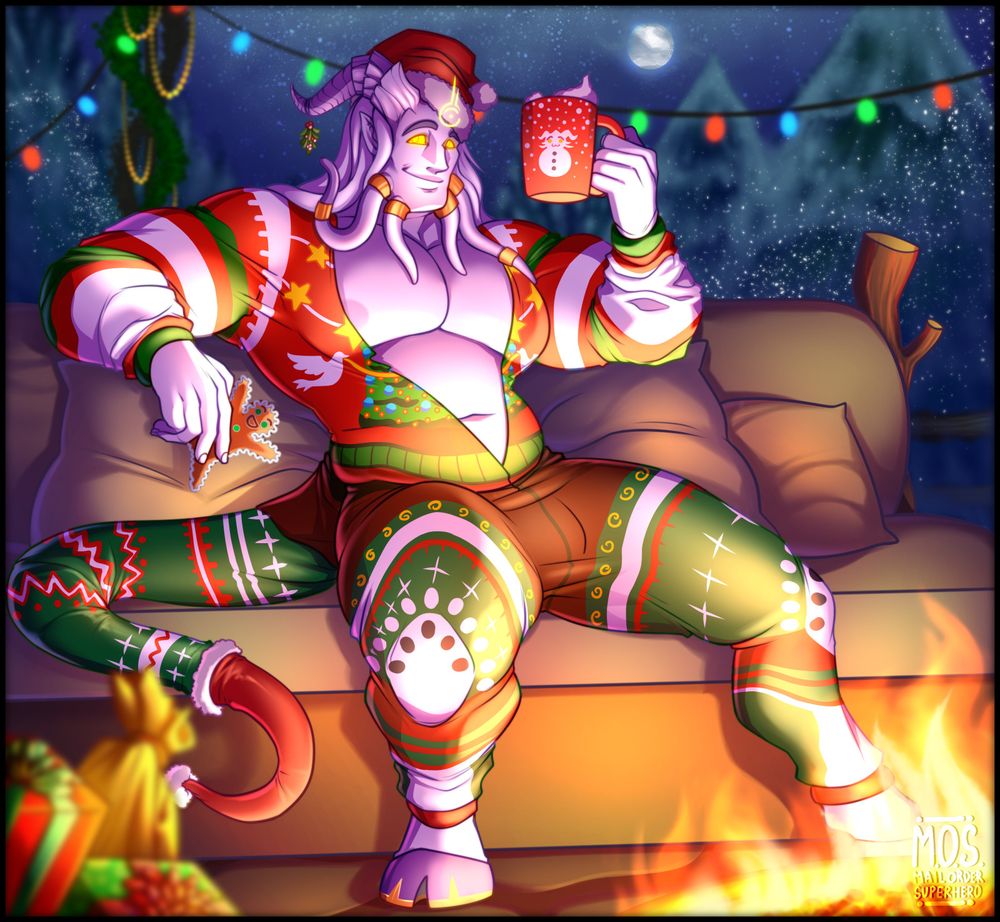Hunky warcraft Draenei in a ridiculous ugly-sweater onesie. He's sitting by a fire and has a gingerbread cookie and hot cocoa MAYBE FOR SHARING?