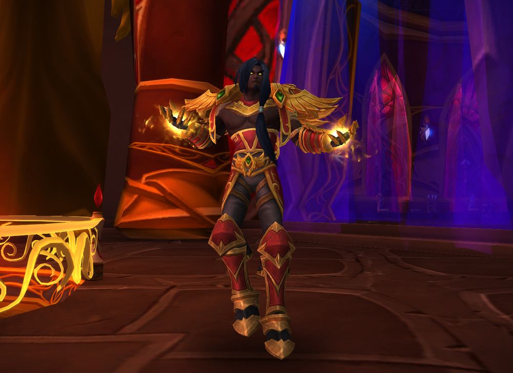 A dark skinned blood elf in traditional regalia.. but with a sassy waist cincher that leaves his perfect tits out. He's channeling light magic.