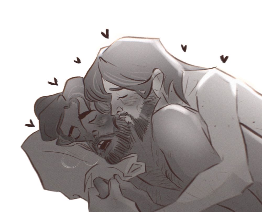 Jayce' mouth open in a soft gasp, his hand clutching Viktor's who leans over him from behind and gently kisses his jaw. They're surrounded by tiny hearts 