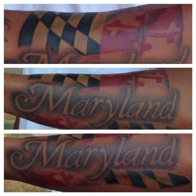 awful Maryland flag tattoo with the word maryland