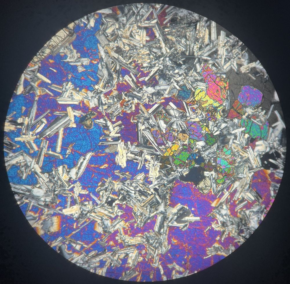 Cross polarised light view of a dolerite showing equant olivine crystals with second and third order interference colours (mid-right), with rest of slide comprising ophitic texture of plagioclase laths (first order black, grey and white) surrounded by two large clinopyroxene crystals, one showing lower second order interference colours and the other close to extinction.