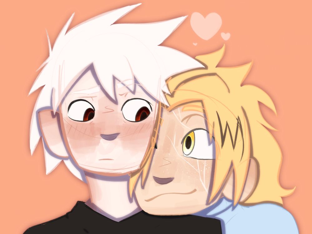 Headshot of Bakugo with Kaminari resting his chin on his shoulder. Bakugou looks down with a sort of calm, questioning look, while Kaminari looks at Bakugou with a smile and bright eye. Kaminari has a pale lightning-sorta scar on his face, while Bakugou has a heavier blush. 