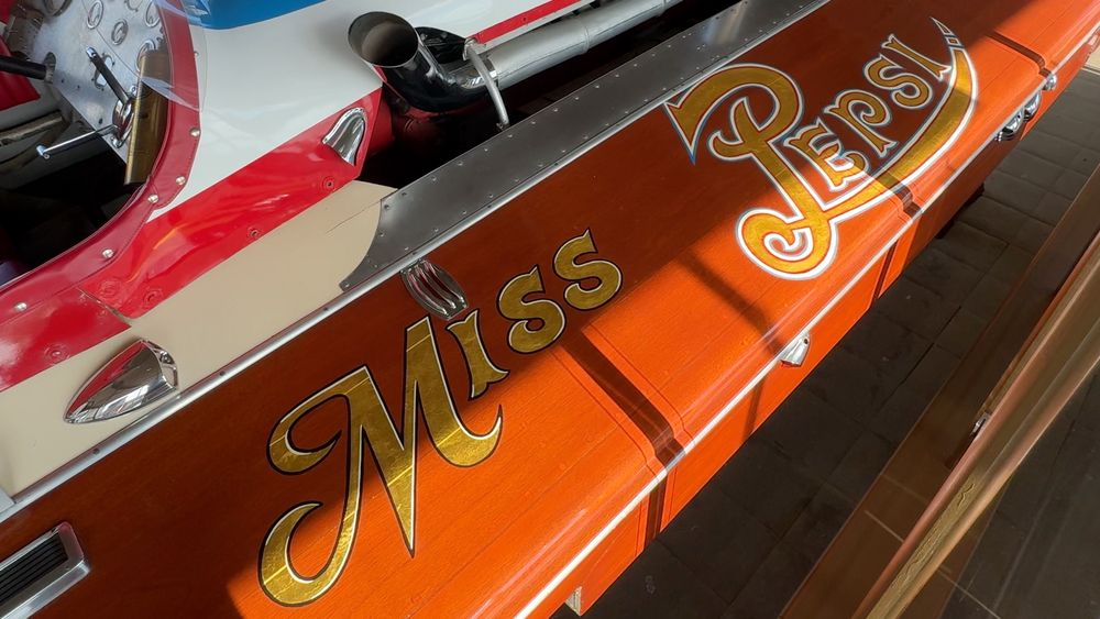 One of the MISS PEPSI logos on the MISS PEPSI hydroplane at Dossin Great Lakes Museum on November 2, 2024.
